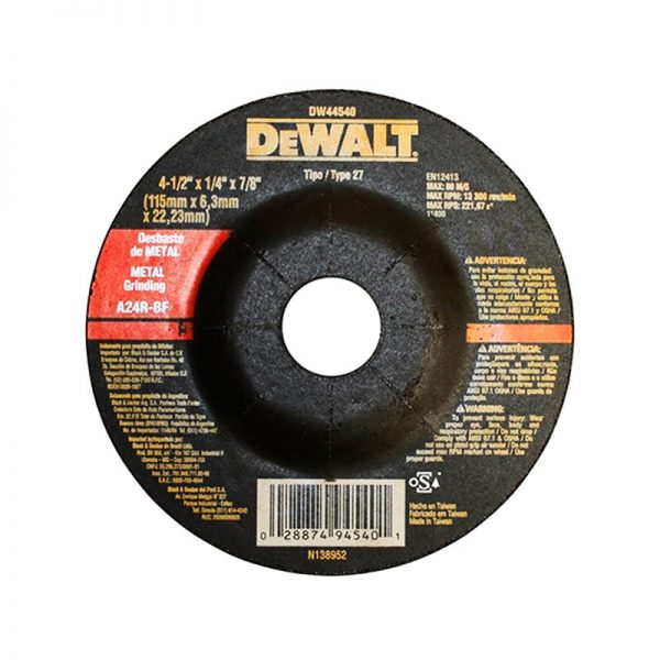 DISCO PARA DESBASTE DE METAL DE 4-1/2" X 1/4" X 7/8", MARCA DEWALT, MODELO DW44540