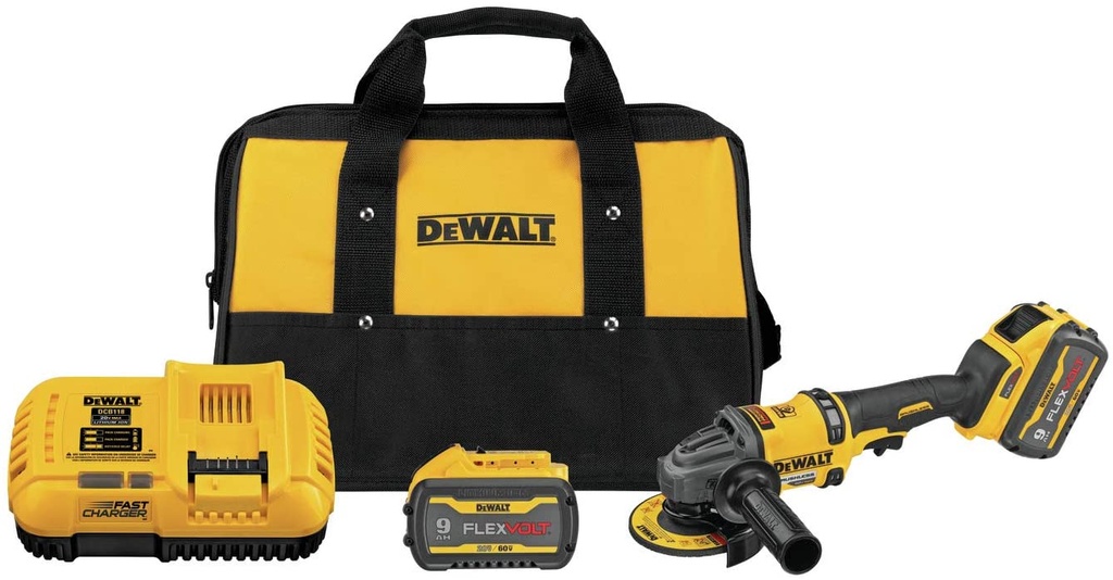 KIT DE ESMERILADORA ANGULAR INALAMBRICA de 4-1/2" 60V, 2300W, MARCA DEWALT, MODELO DCG418X2: 2 BAT 9AH+CARG+BOLSO