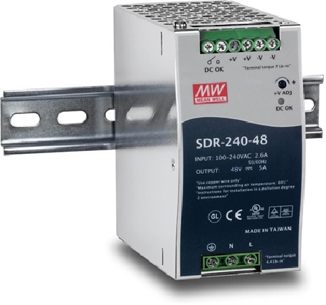 FUENTE DE ALIMENTACION INDUSTRIAL CON MONTAJE EN RIEL DIN, 240W, 5A, 100-240V, 48VAC, MARCA TRENDNET, MODELO SDR-240-48/TI-S24048