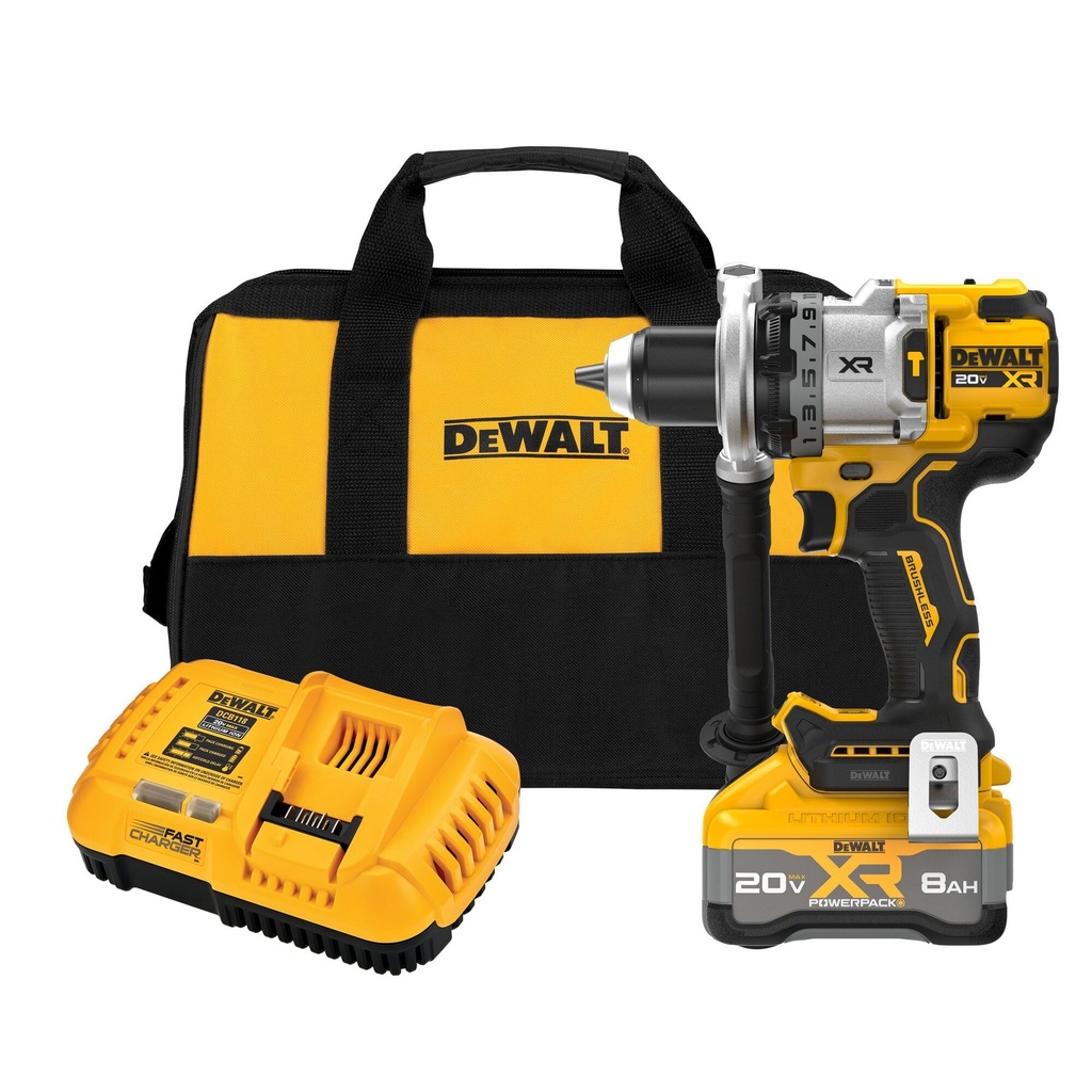 KIT TALADRO PERCUTOR INALAMBRICO DE 1/2", 500W, MARCA DEWALT DCD1007WW1: 1 BAT 8AH + CARG + BOLSO