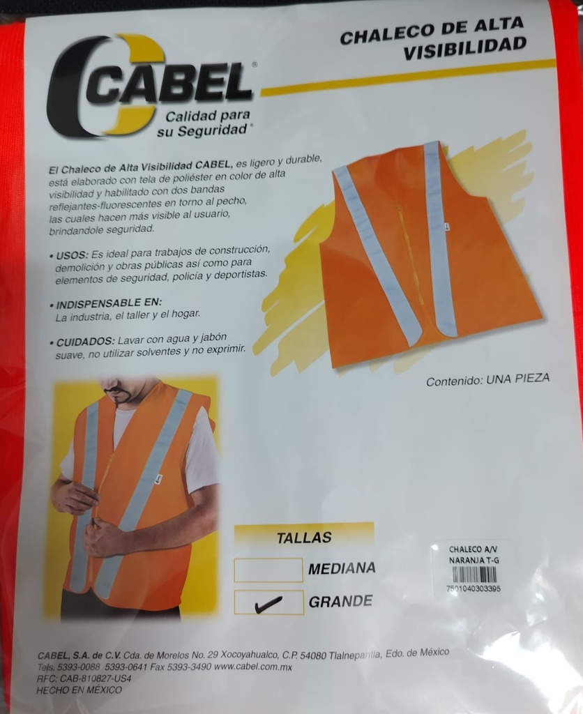 CHALECO DE NYLON CON NARANJA, TALLA L, MARCA CABEL, MODELO 03-0603-0201-03TG