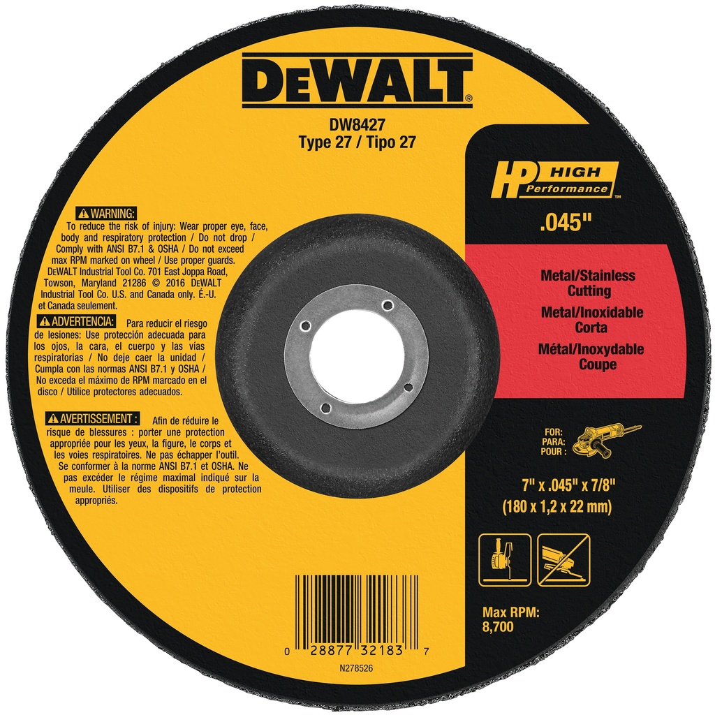 DISCO PARA CORTE DE METAL DE 7" X 1/16" X 7/8", MARCA DEWALT, MODELO DW8427